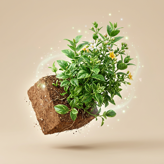 Floating cocopeat blooming into a plant